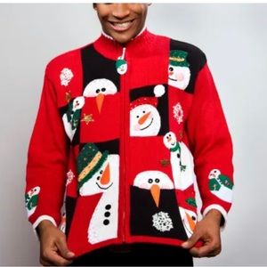 Tiara International Sweater Women L Christmas Snowmen Zip Mock Neck Ugly Unisex